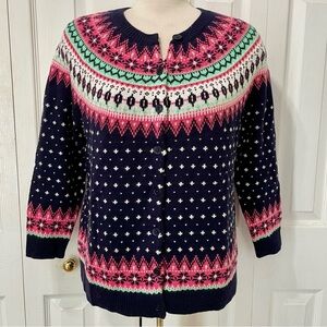 Talbots Fair Isle Cardigan in Navy, Pink, and Green Size 1Xp